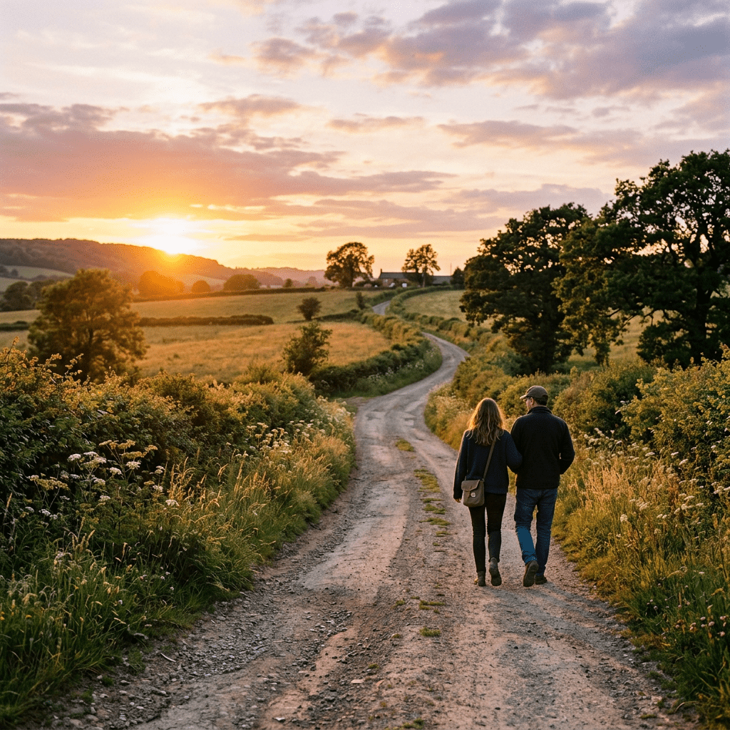A couple walking hand in hand on a dirt road through green fields with a sunset sky