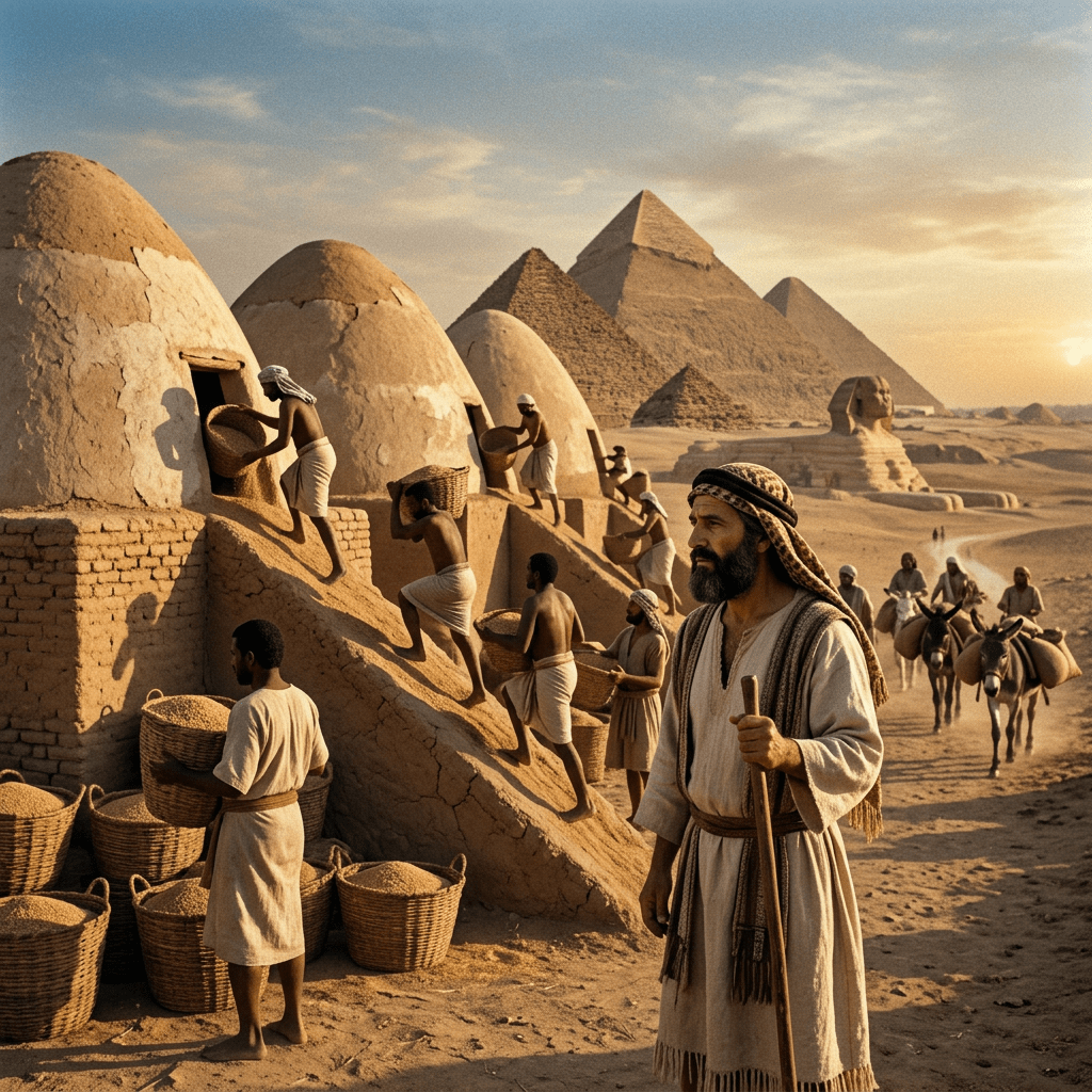 Ancient Egyptian men carrying baskets of grain into dome-shaped silos with pyramids and the Sphinx in the background