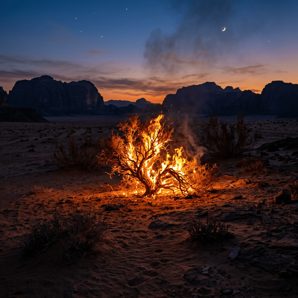 Small desert bush engulfed in flames during twilight with crescent moon and rocky mountains in background