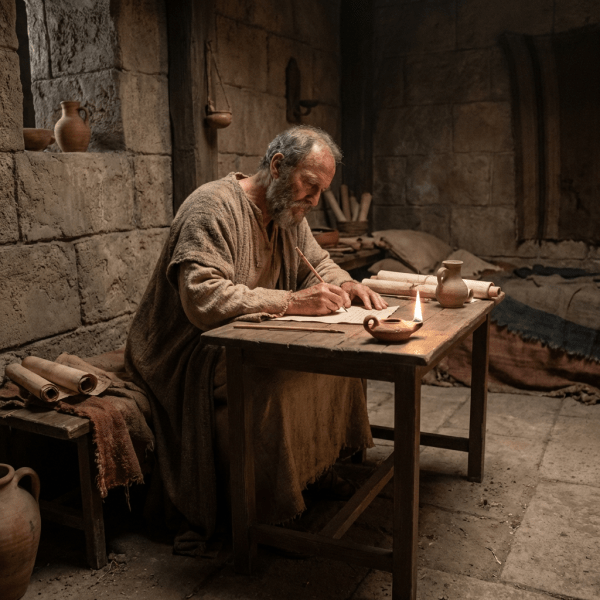An elderly man in robes writing on parchment with a quill by oil lamp light.
