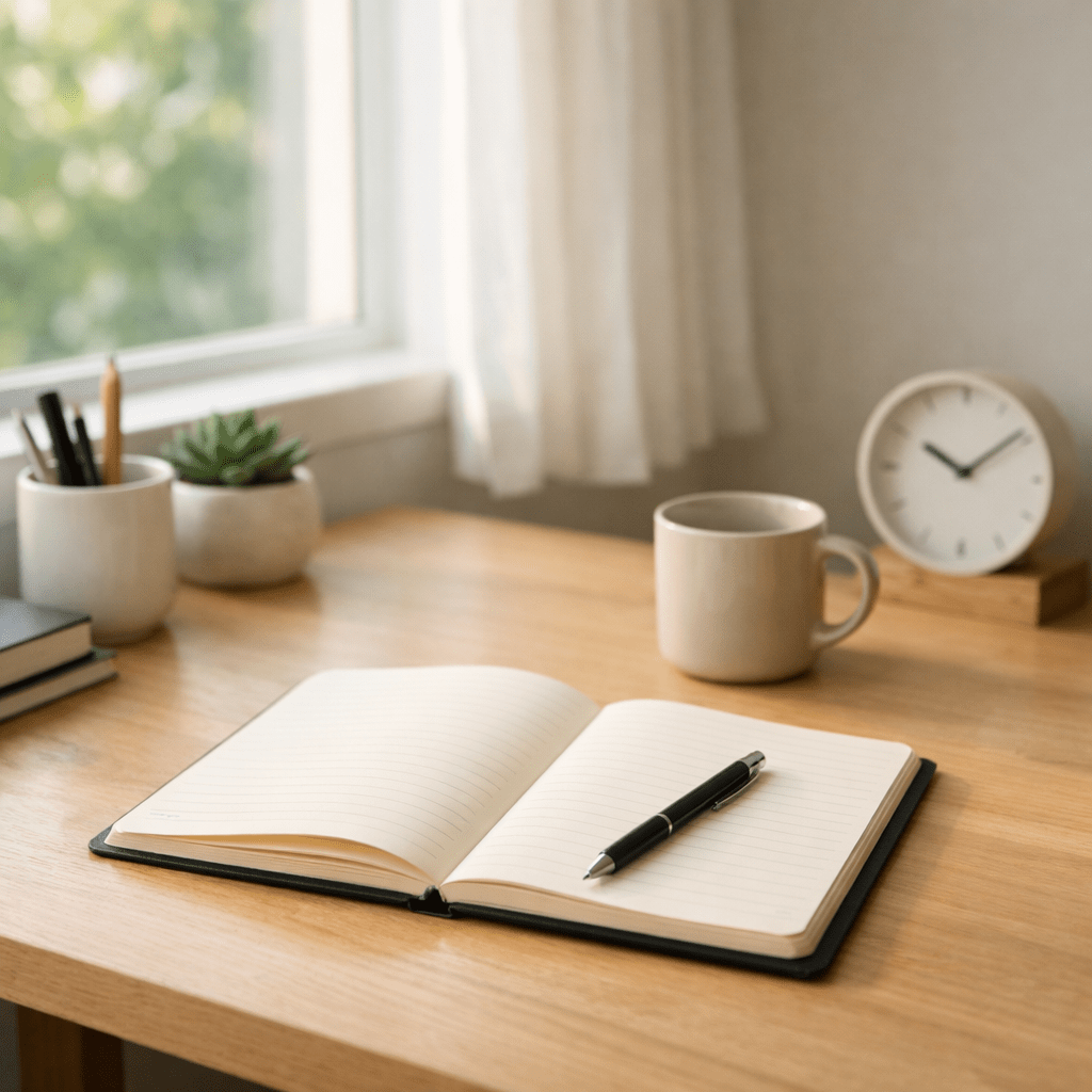 Open lined notebook with a black pen on a wooden desk next to a white coffee mug and a small plant