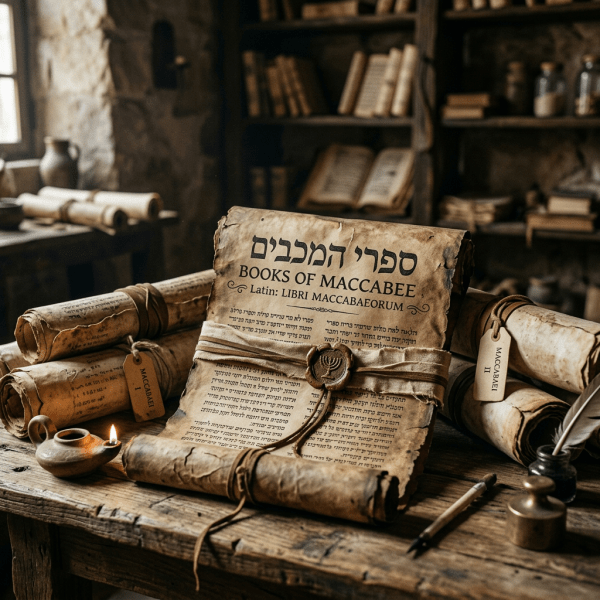 Ancient scrolls titled Books of Maccabee on wooden table with writing tools