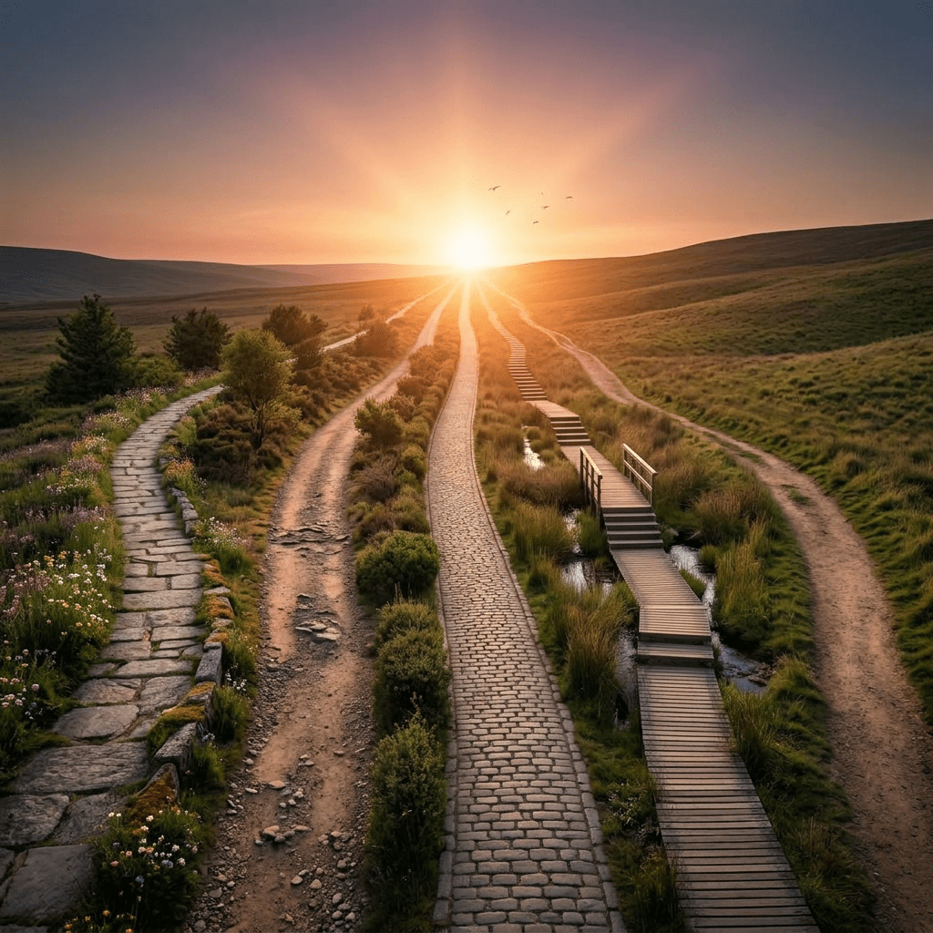 Four different paths including stone, dirt, cobblestone, and wooden walkways leading to the sunset