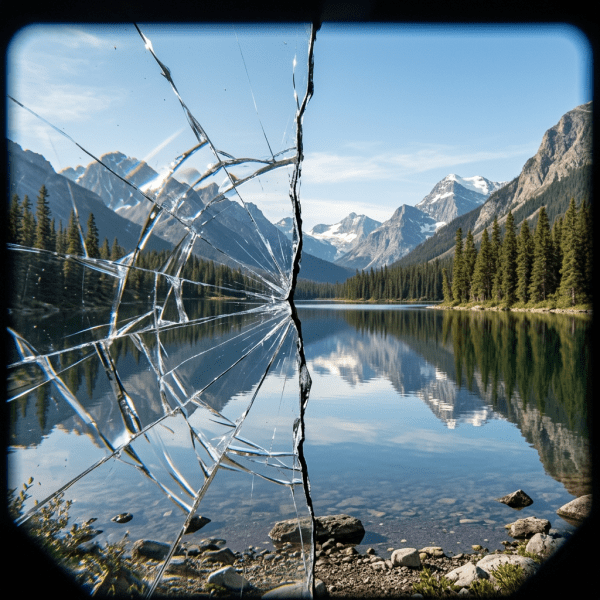Mountain lake with pine trees and snow-capped peaks seen through cracked glass