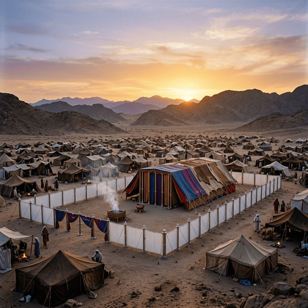 Colorful tabernacle tent surrounded by white fence and desert tents at sunset with mountains