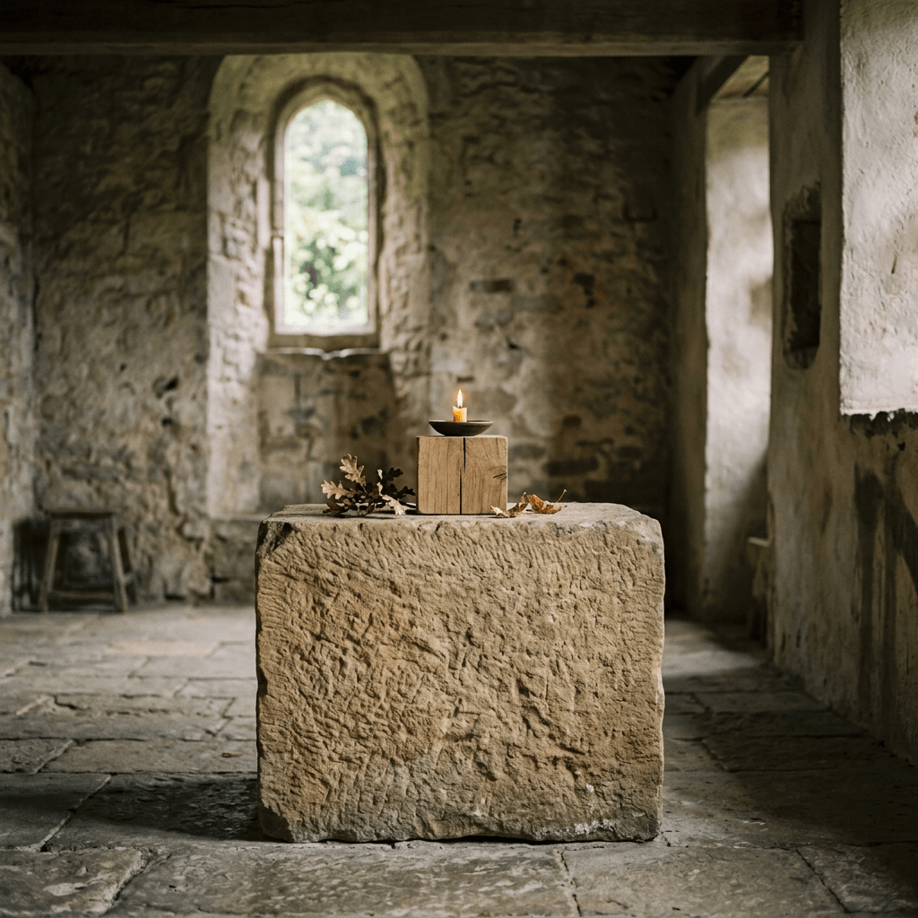 Stone altar with a small lit candle and dried leaves inside an old chapel