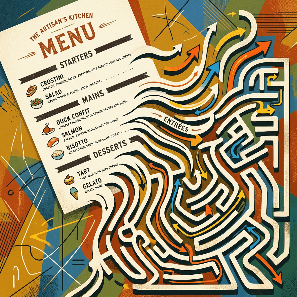 Menu with starters, mains, desserts linked by a maze of arrows